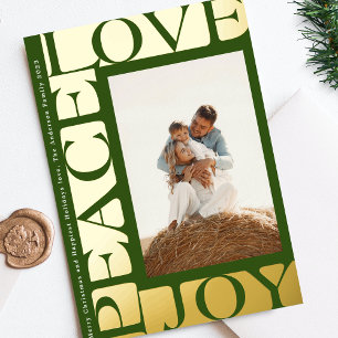 modern colourful Green LOVE PEACE JOY photo frame Foil Holiday Card