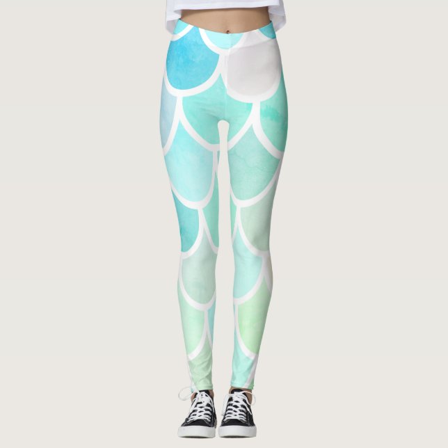 Modern Colourful Green Mermaid Seamless Pattern Leggings (Front)