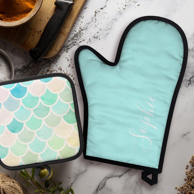 Modern Colourful Green Mermaid Seamless Pattern Oven Mitt & Pot Holder Set (Creator Uploaded)
