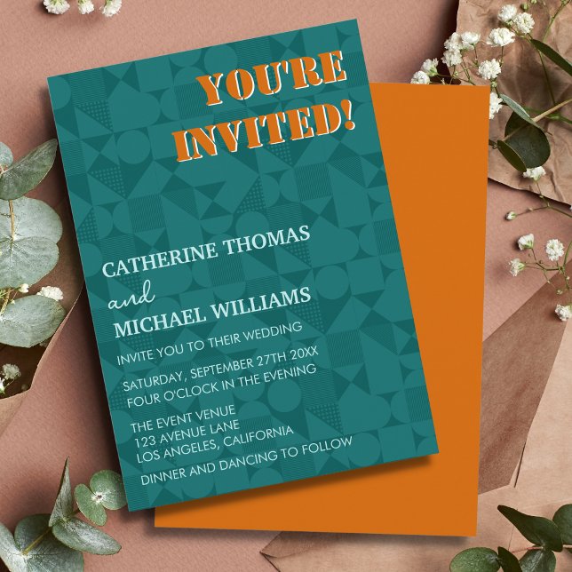 Modern Colourful Green & Orange Geometric Wedding Invitation (Creator Uploaded)
