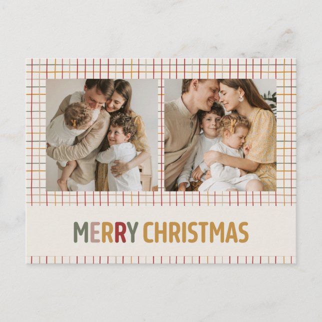 Modern Colourful Grid Merry Christmas Two Photo Holiday Postcard (Front)