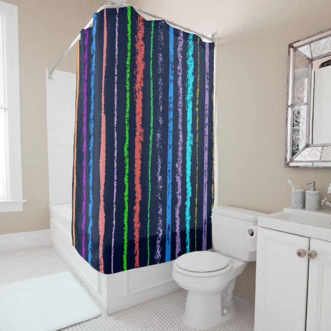 Modern Colourful Hand Drawn Charcoal Stripes Shower Curtain (In Situ)