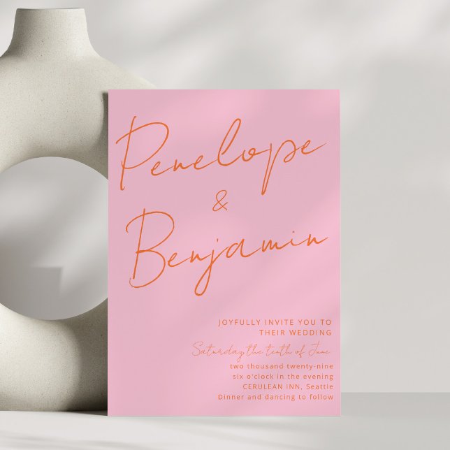 Modern Colourful Handwriting Pink Orange Wedding  Invitation (Creator Uploaded)