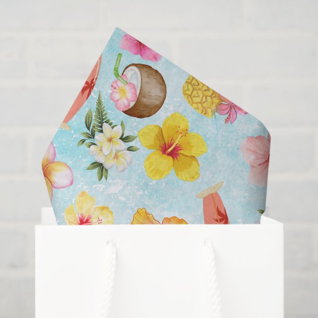 Modern colourful Hibiscus from Hawaii in blue Tissue Paper (Gift Bag)