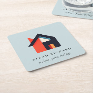 Modern Colourful House Logo Realtor Blue Red Orang Square Paper Coaster