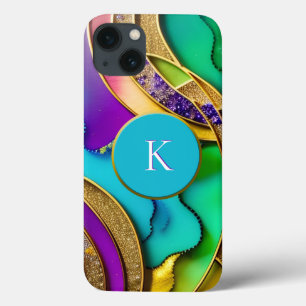 Modern Colourful Jewel Abstract & Gold Monogram iPhone 13 Case