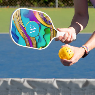 Modern Colourful Jewel Abstract & Gold Monogram Pickleball Paddle