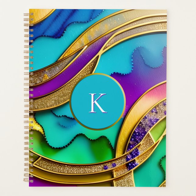 Modern Colourful Jewel Abstract & Gold Monogram Planner (Front)