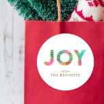 Modern Colourful JOY Personalised Christmas Classic Round Sticker<br><div class="desc">Make a bold statement this holiday season with these modern styled,  colourful stickers. They feature typography that reads JOY,  with an overlapping tissue paper design in red,  green,  lime,  aqua blue,  golden yellow,  and magenta pink. Great for use as gift labels,  envelope seals,  party favour labels,  and more!</div>