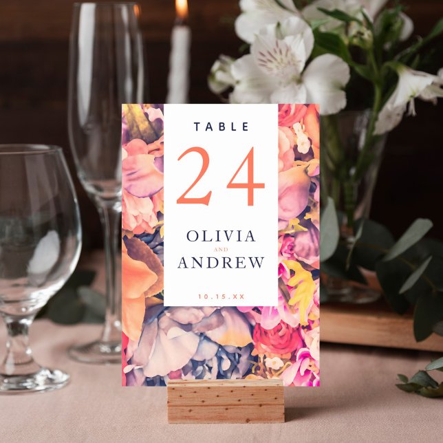 Modern Colourful Large Floral Background Wedding Table Number (All over floral watercolor design on this table number card is perfect for your wedding reception.)