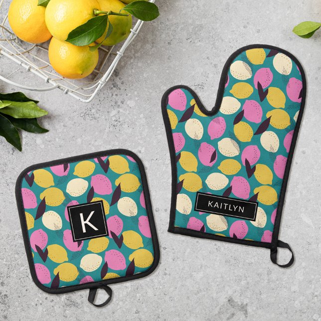 Modern Colourful Lemons Pattern Monogram Name Oven Mitt & Pot Holder Set (Creator Uploaded)