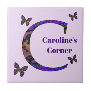 Modern Colourful Letter C Butterflies Monogram Ceramic Tile