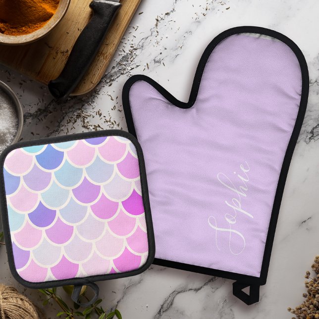 Modern Colourful Lovely Mermaid Seamless Pattern Oven Mitt & Pot Holder Set (Creator Uploaded)