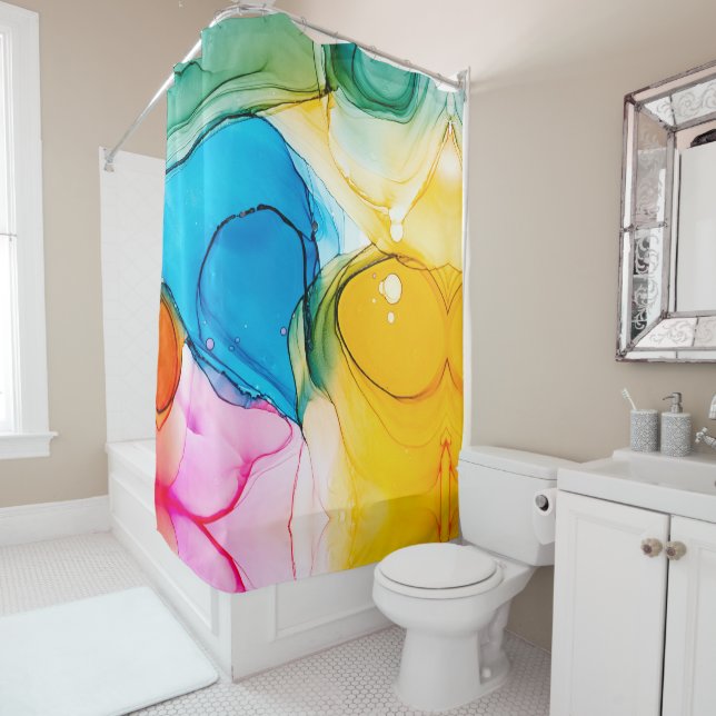 Modern Colourful Marbled Alcohol Ink Abstract Art Shower Curtain (In Situ)