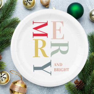 Modern Colourful Merry and Bright   Happy Holidays Paper Plate