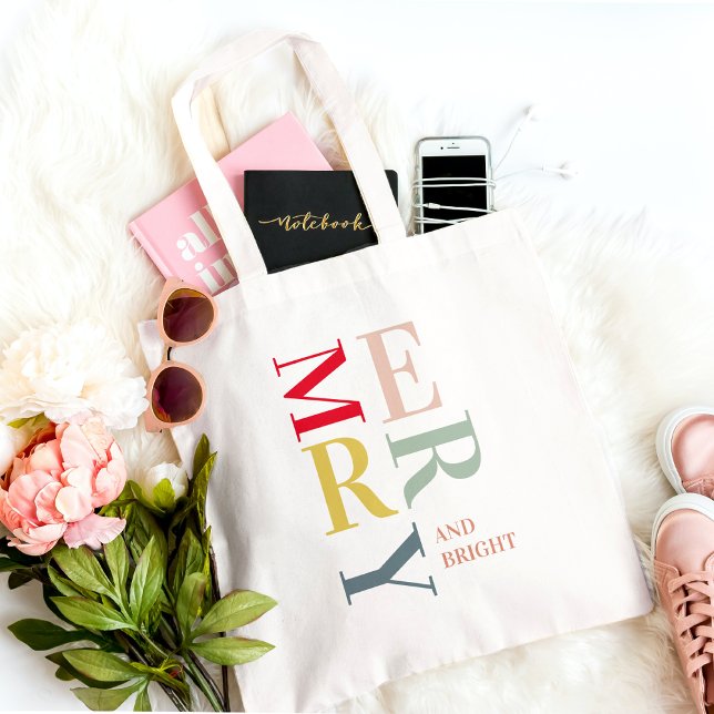 Modern Colourful Merry and Bright | Happy Holidays Tote Bag (Creator Uploaded)