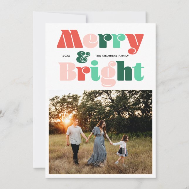 Modern colourful Merry and Bright photo Holiday Card (Front)