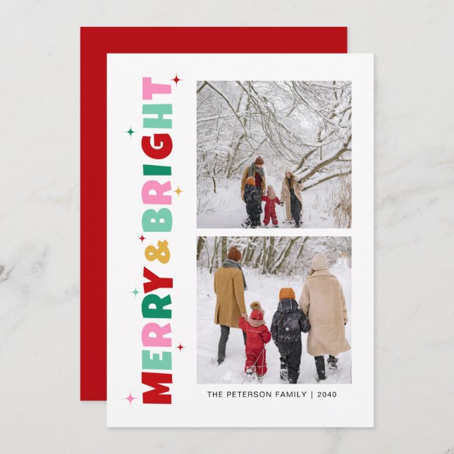 Modern Colourful Merry & Bright 2 Photo Holiday Card (Front/Back)