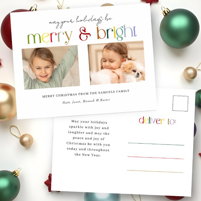 Modern Colourful Merry & Bright Typography 2-Photo Holiday Postcard (Creator Uploaded)