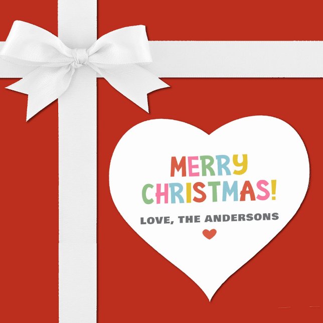 Modern Colourful Merry Christmas Heart Sticker (A cute heart shaped sticker with the words Merry Christmas is colorful typography.)