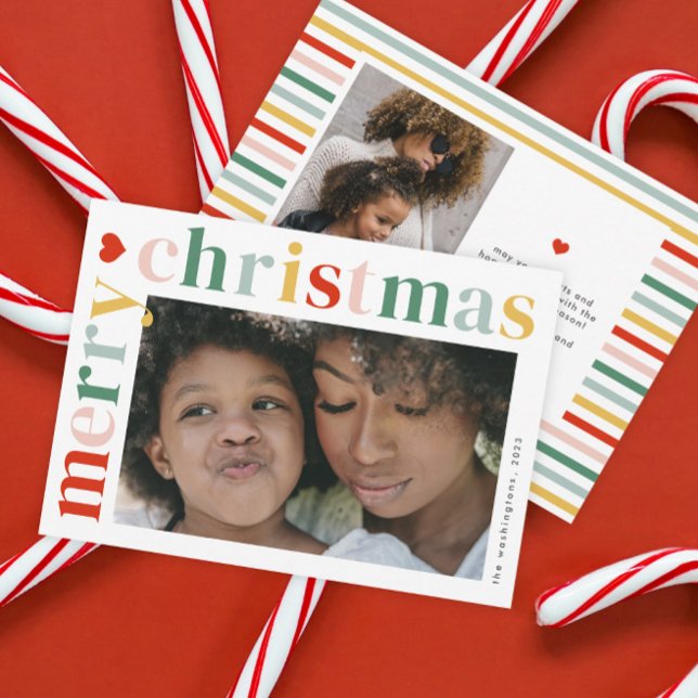 Modern Colourful Merry Christmas Photo Holiday Card (A modern colorful typography 2 photo merry Christmas holiday card.)