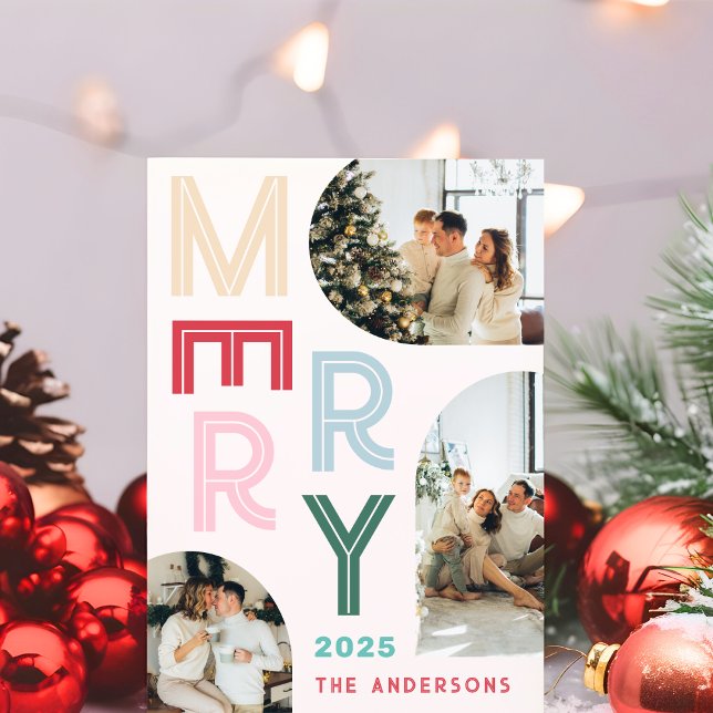 Modern Colourful Merry Typography Three Photo Arch Holiday Card (Creator Uploaded)