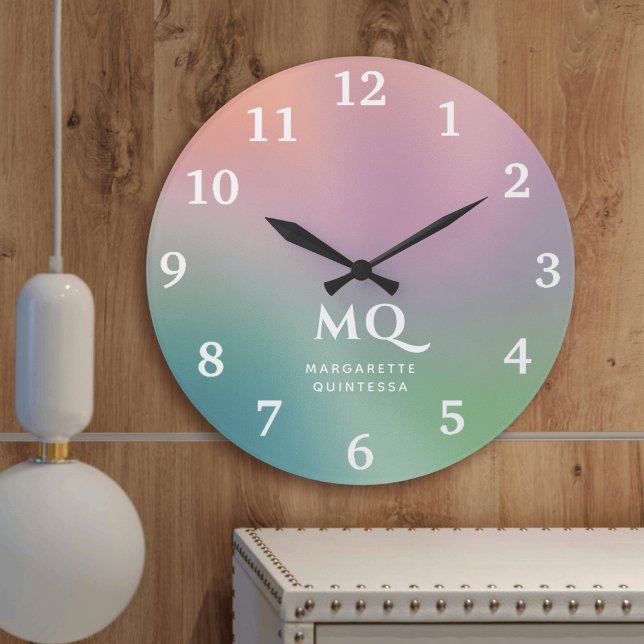 Modern Colourful Pastel and White Monogram Initial Round Clock (Creator Uploaded)