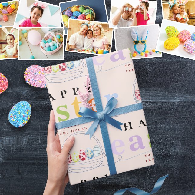 Modern Colourful Pastel Happy Easter Egg Basket Wrapping Paper (Modern Colorful Pastel Happy Easter Egg Basket Hand Drawn Dusty Pink Wrapping Paper )