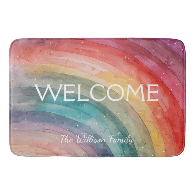 Modern Colourful Personalised Rainbow Doormat Bath Mat (Front)