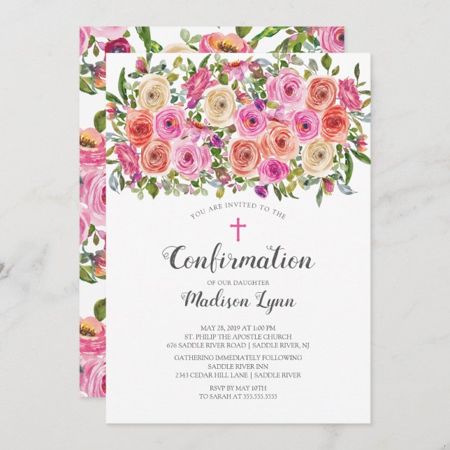 Modern Colourful Pink Floral & Cross Confirmation Invitation (Front/Back)