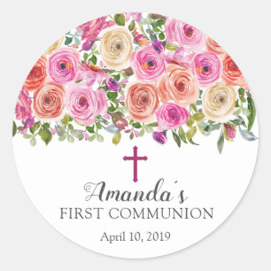 Modern Colourful Pink Floral First Communion Classic Round Sticker