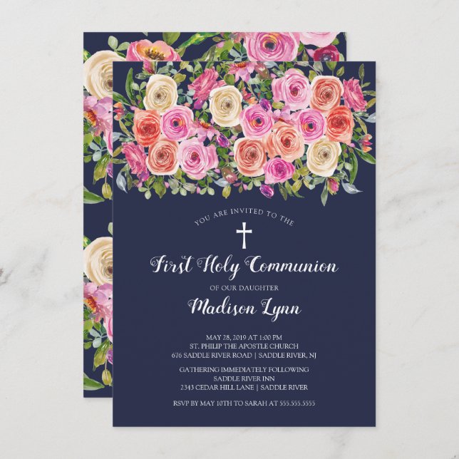 Modern Colourful Pink Floral First Holy Communion Invitation (Front/Back)