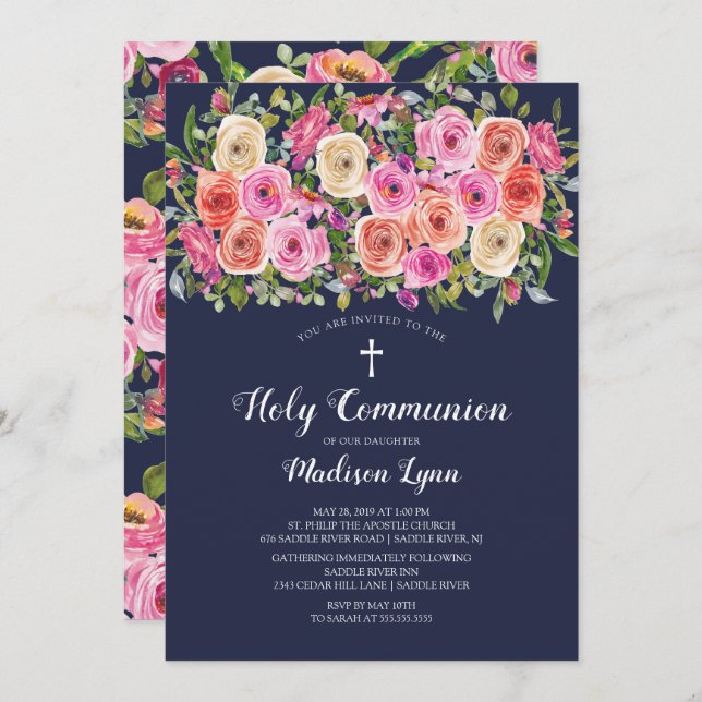 Modern Colourful Pink Floral First Holy Communion Invitation (Front/Back)