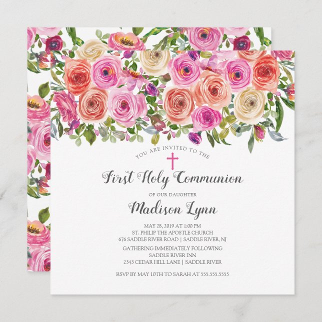 Modern Colourful Pink Floral First Holy Communion Invitation (Front/Back)