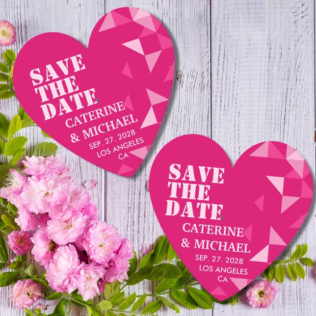 Modern Colourful Pink Heart Geometric Save The Dat Paper Coaster (Creator Uploaded)