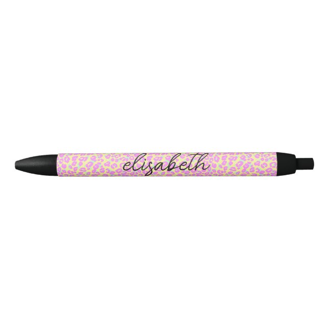 Modern Colourful Pink Leopard Skin Pattern Monogra Black Ink Pen (Front)
