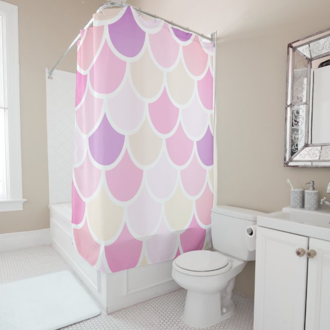 Modern Colourful Pink Mermaid Scales Pattern Shower Curtain (In Situ)