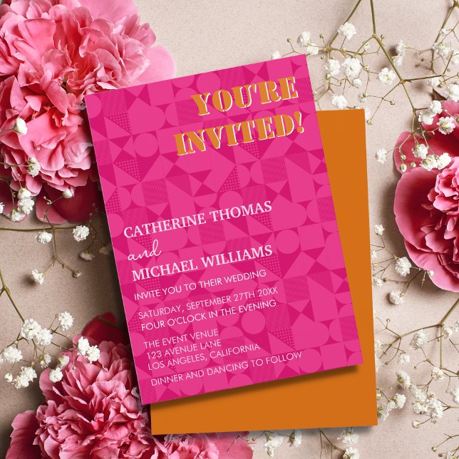 Modern Colourful Pink & Orange Geometric Wedding Invitation (Creator Uploaded)