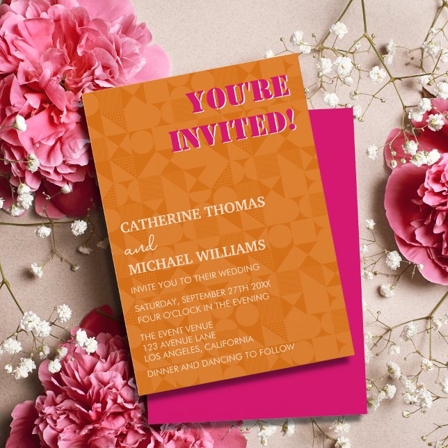 Modern Colourful Pink & Orange Geometric Wedding Invitation (Creator Uploaded)