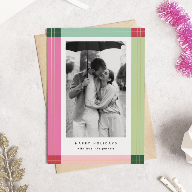 Modern Colourful Pink Plaid Frame Christmas Photo Foil Holiday Card (modern colourful geometric frame holiday photo card in nontraditional colours.)