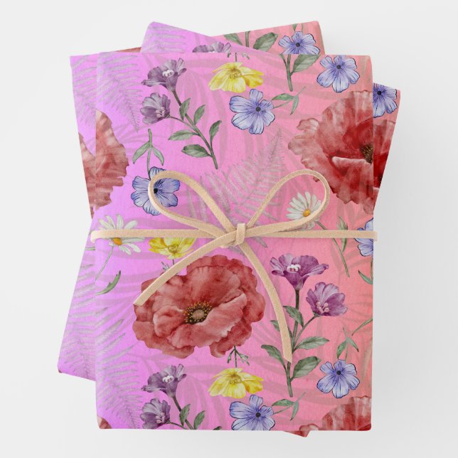 Modern Colourful Pink Red Wildflower Pattern Wrapping Paper Sheet (In situ)