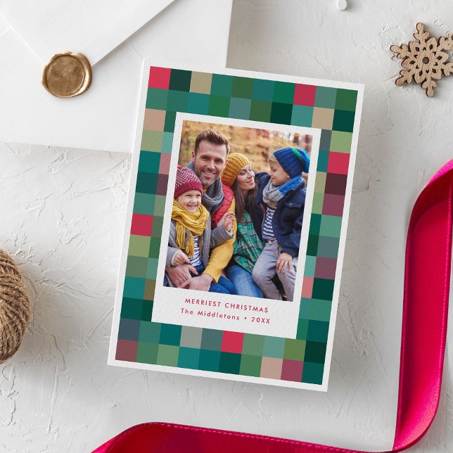 Modern Colourful Pixel Chequered Christmas Photo  Holiday Card (modern, colourful, bright Christmas photo card with block pattern)