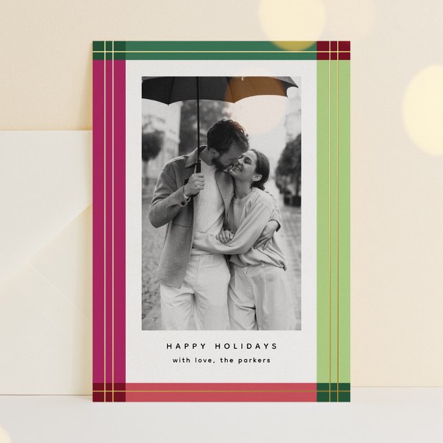 Modern Colourful Plaid Frame Christmas Photo Foil Holiday Card (modern bright colours, plaid frame holiday photo card)