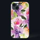 Modern Colourful Preppy Watercolor Boho Flowers iPhone 13 Case<br><div class="desc">Modern preppy watercolor flowers. Purple peach and pink flowers over white background</div>
