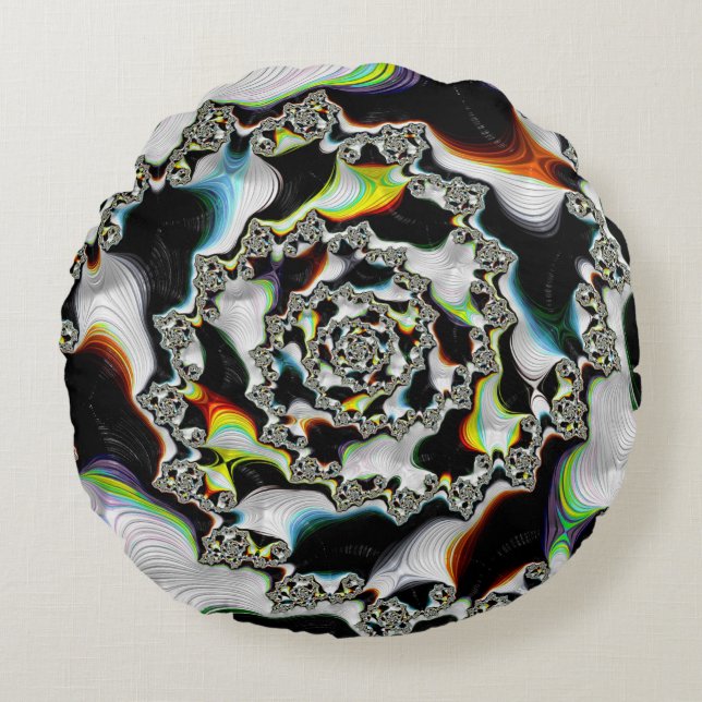 Modern Colourful Psychedelic Spiral Fractal Round Cushion (Front)