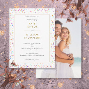 Modern Colourful Rainbow Confetti Photo Wedding Invitation Postcard