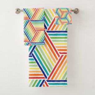 Modern Colourful Rainbow Cube Pattern Bathroom Bath Towel Set