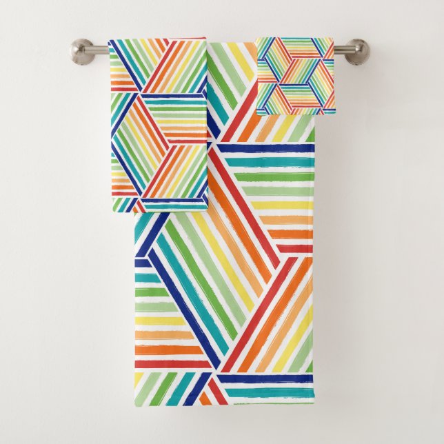 Modern Colourful Rainbow Cube Pattern Bathroom Bath Towel Set (Insitu)