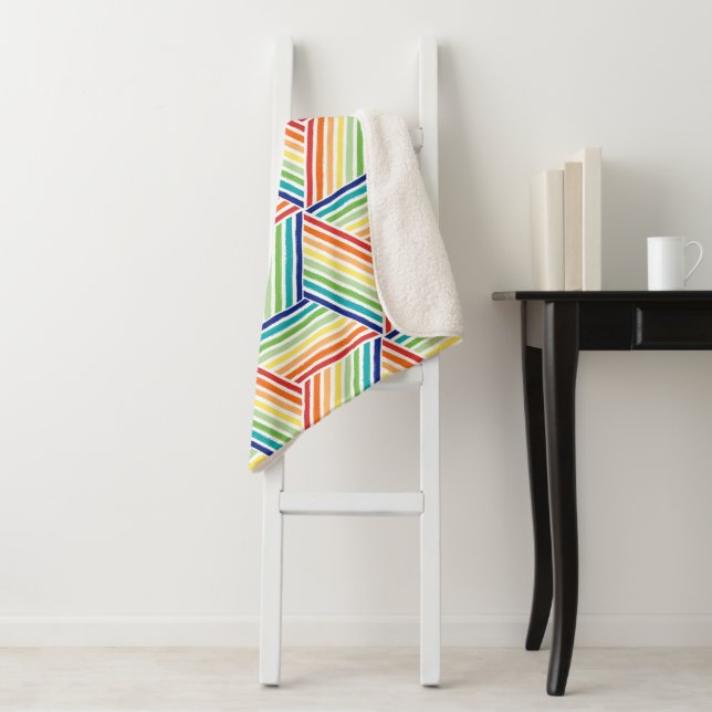 Modern Colourful Rainbow Cube Pattern Sherpa Blanket (In Situ)