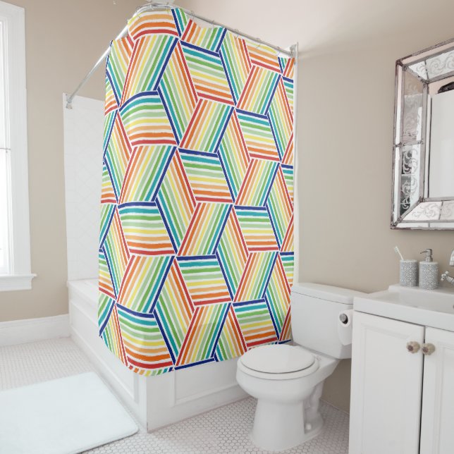Modern Colourful Rainbow Cube Pattern Shower Curtain (In Situ)